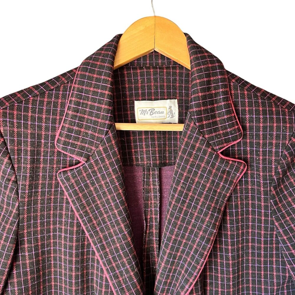 70s Plaid Tweed Blazer‎ Womens Sz M Black Pink Retro Preppy Dark Academia Twee